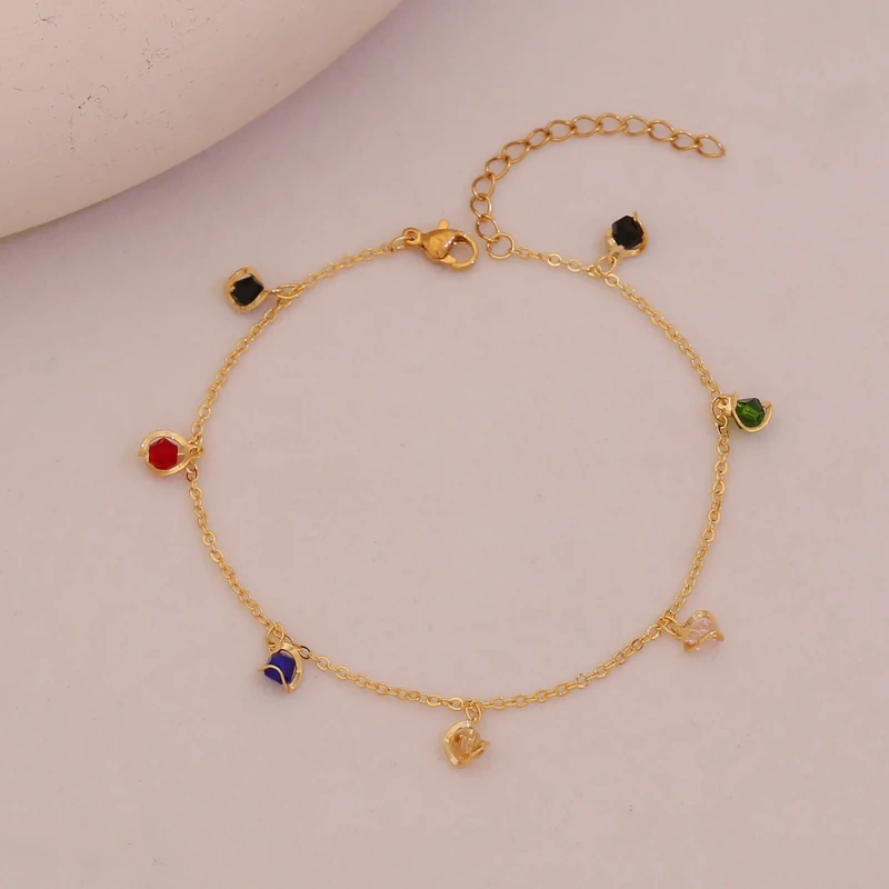 Exquisite Summer Beach Colored Zircon Anklace 18k Gold Plated Waterproof Stainless Steel Womens Anklet YF8042