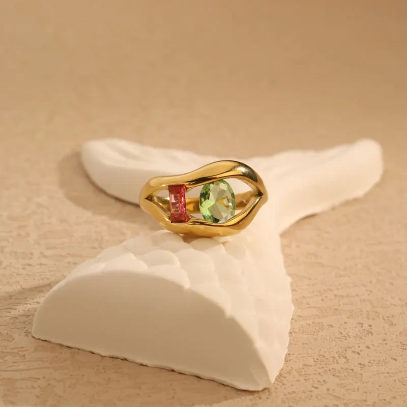 Special Irregular Ring Colored Zircon 18k Gold Plated Waterproof Stainless Steel Ring for Gifts YF8040