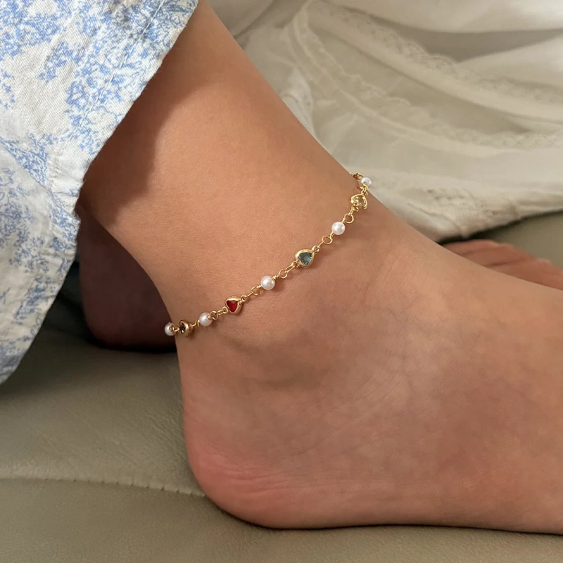 Exquisite Summer Beach Colored Zircon Anklace 18k Gold Plated Waterproof Stainless Steel Womens Anklet YF8042