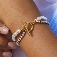 High End Design Imitation Pearl Zircon Bracelet 18K Gold Plated Waterproof Stainless Steel Earrings for Gifts YF8074