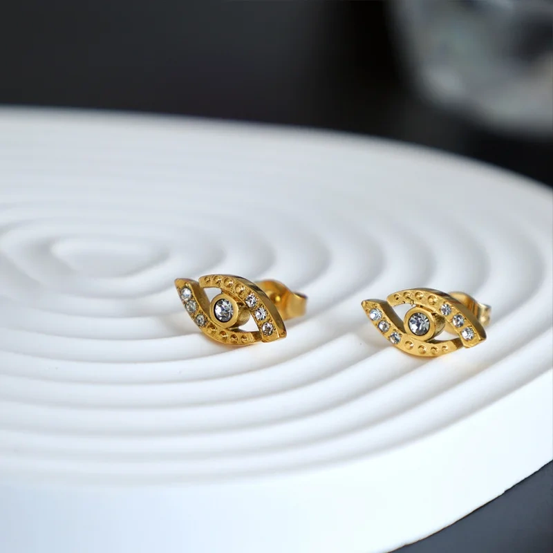 Simple Vintage Zircon Devils Eye Stud Earrings 18k Gold Plated Waterproof Stainless Steel Stud Earrings Women YF8060