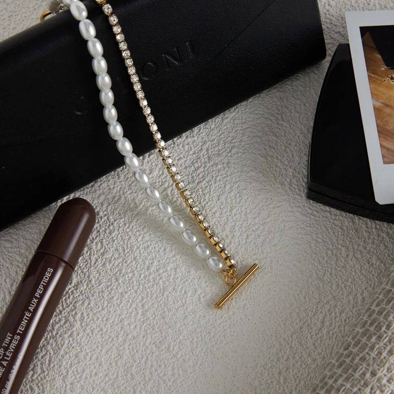 High End Design Imitation Pearl Zircon Bracelet 18K Gold Plated Waterproof Stainless Steel Earrings for Gifts YF8074