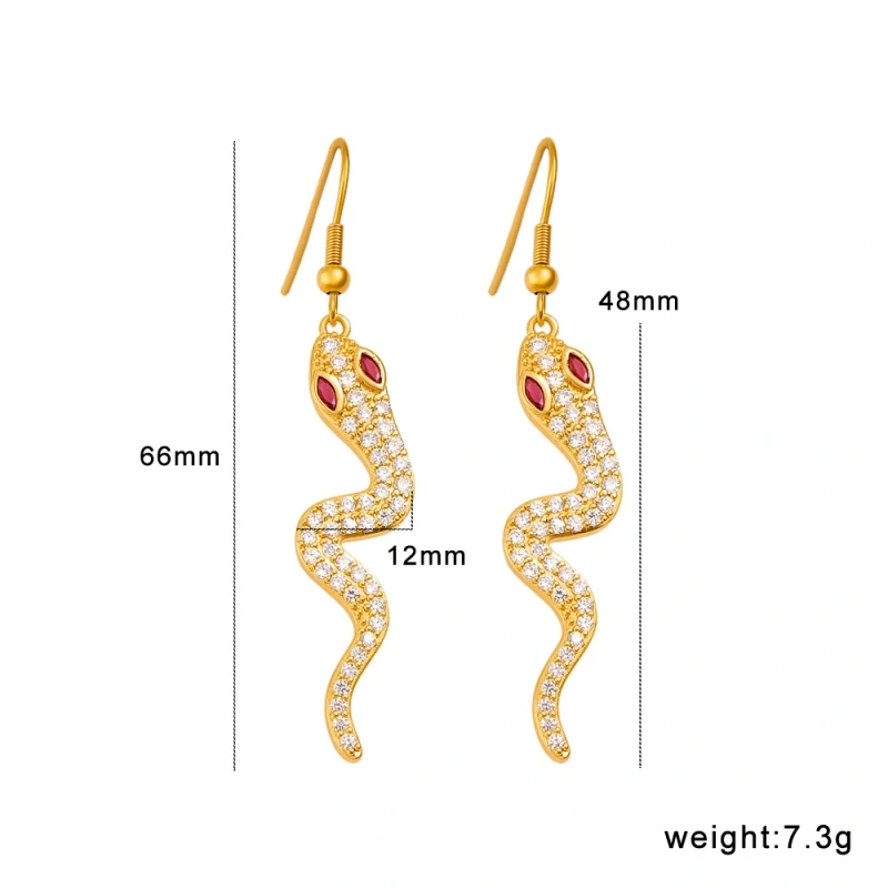 Luxury Jewelry Waterproof Tarnish Free 18K Gold Plated Stainless Steel Zircon Snake Shape Drop Earrings YF8003