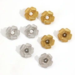 Ins Exquisite Flower Pearl Stud Earrings Womens 18K Gold Plated Waterproof Stainless Steel Earrings for Daily YF2028