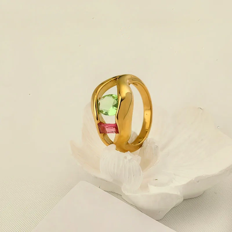 Special Irregular Ring Colored Zircon 18k Gold Plated Waterproof Stainless Steel Ring for Gifts YF8040