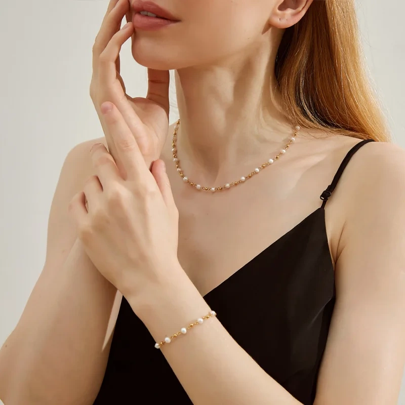 Natural Freshwater Pearl Handmade Necklace Bracelet Jewelry Set 18k Gold Plated Waterproof Stainless Steel  Jewelry Set YF8057