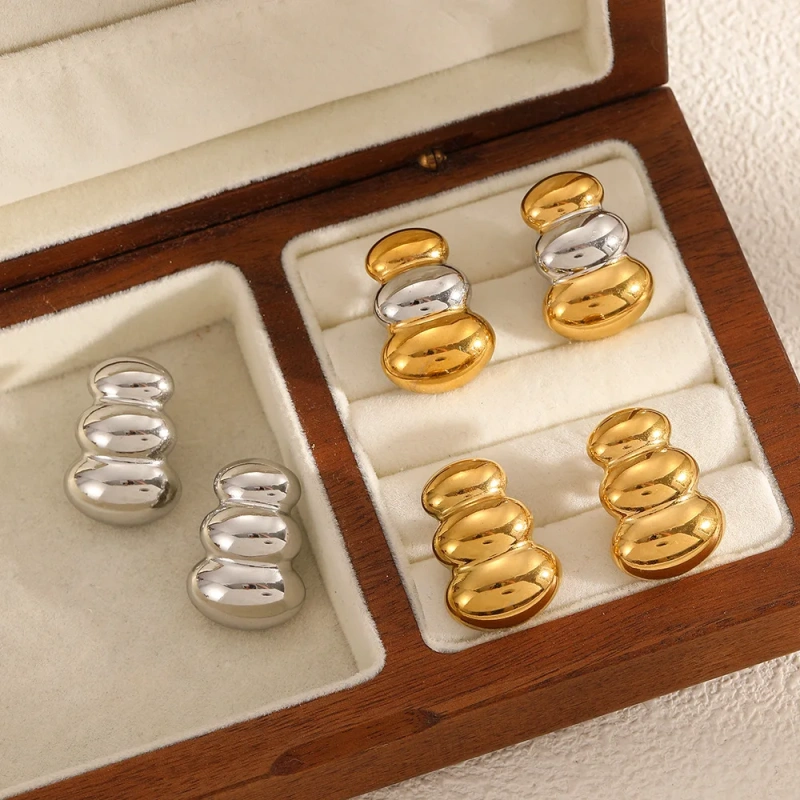 Ins Three Layer Bean Stud Earrings18k Gold Plated Waterproof Stainless Steel Earrings for Women YF8073