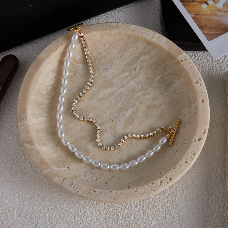 High End Design Imitation Pearl Zircon Bracelet 18K Gold Plated Waterproof Stainless Steel Earrings for Gifts YF8074