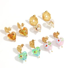 Cute Style Shell Flower Heart Shape Resin Earrings 18K Gold Plated Waterproof Stainless Steel Womens Earrings for Gift YF8016