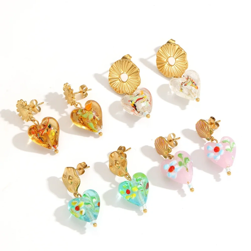 Cute Style Shell Flower Heart Shape Resin Earrings 18K Gold Plated Waterproof Stainless Steel Womens Earrings for Gift YF8016