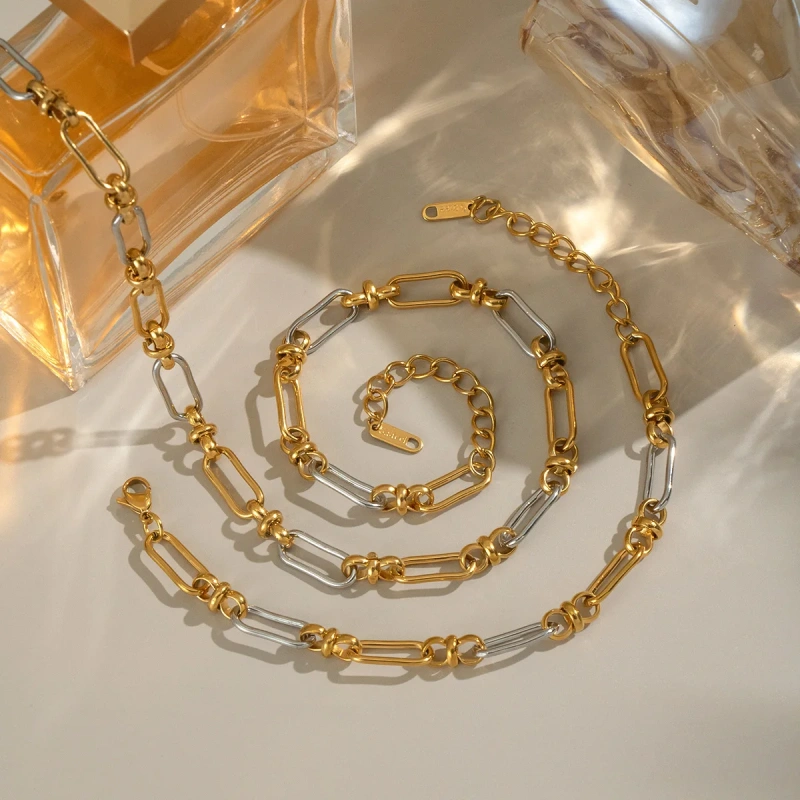 Temperament Chain Buckle Necklace Bracelet Jewelry Set 18K Gold Plated Waterproof Stainless Steel Jewelry Set for Women YF8079