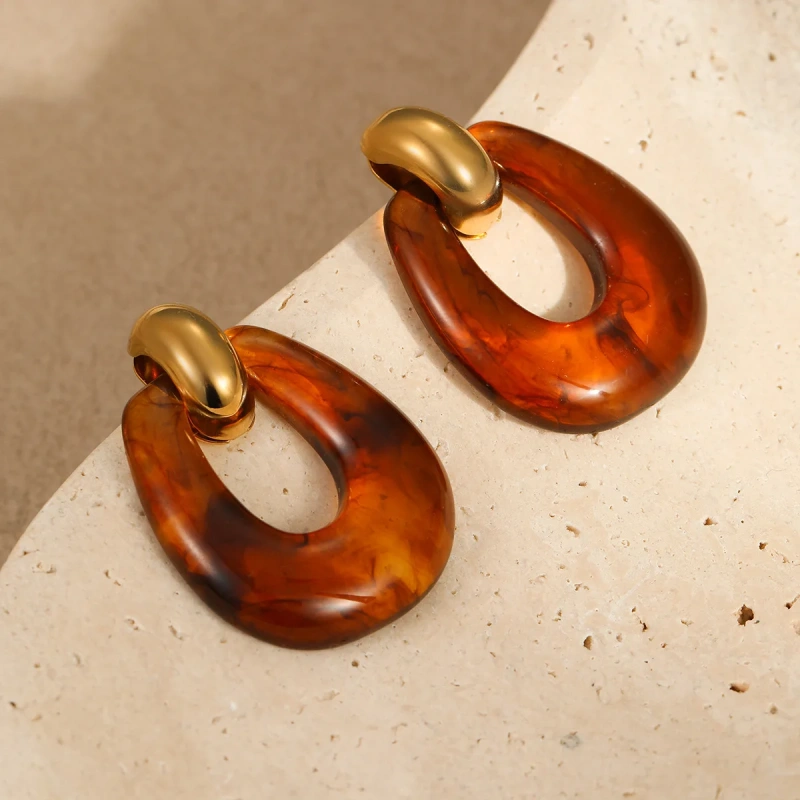 Vintage Irregular Resin Earrings 18k Gold Plated Waterproof Stainless Steel Earrings for Women YF8071