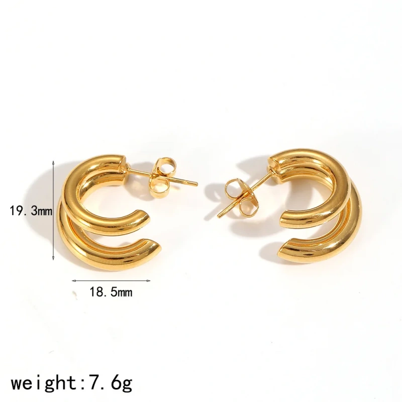 Geometric Two Tones Layer C Shaped Stud Earrings Chain Pendant Earrings 18K Gold Plated Stainless Steel Waterproof YF8015
