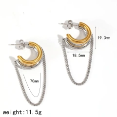 Geometric Two Tones Layer C Shaped Stud Earrings Chain Pendant Earrings 18K Gold Plated Stainless Steel Waterproof YF8015