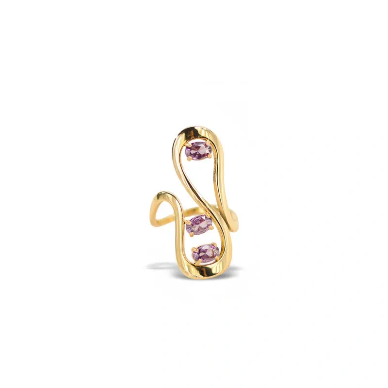 New Vintage Purple Zircon Wave Ring 18k Gold Plated Waterproof Stainless Steel Jewelry for Women YF8039
