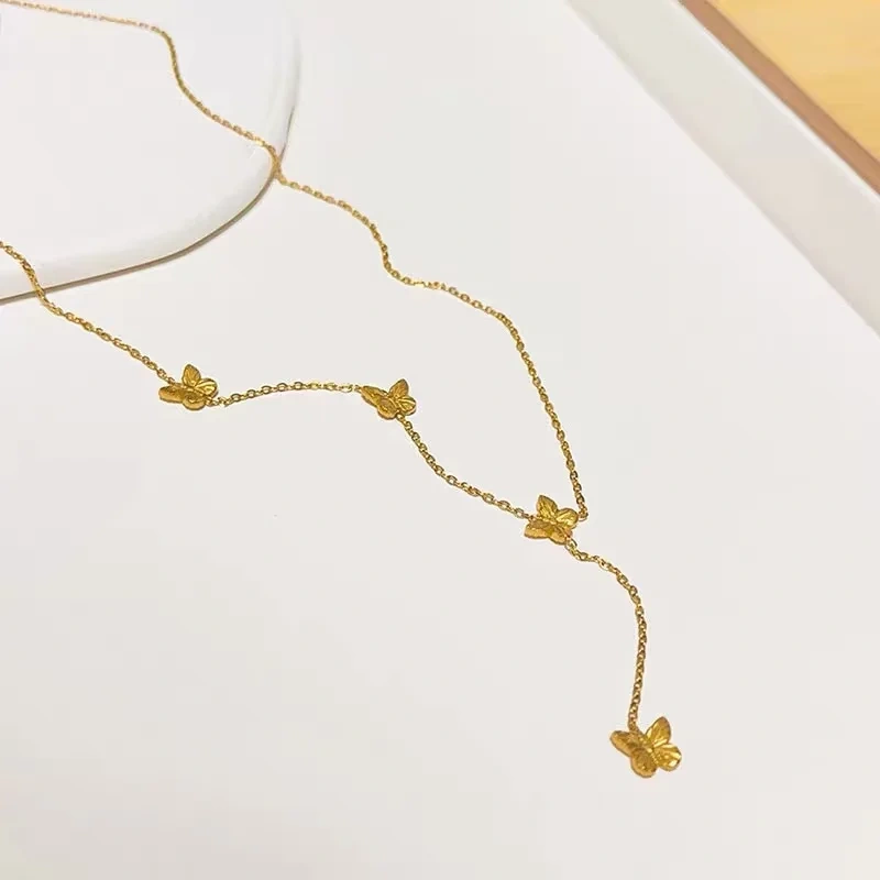 Versatile Butterfly Tassel Necklace Womens 18K Gold Plated Waterproof Stainless Steel Collarbone Chain for Gifts YF8024