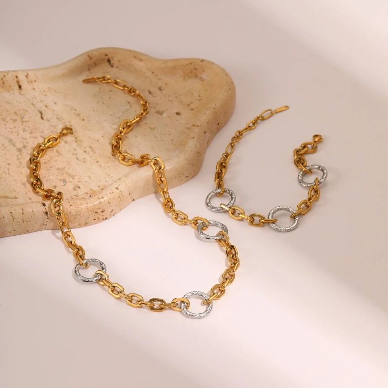 Fashion Gold Silver Circle Necklace Bracelet 18k Gold Plated Waterproof Stainless Steel Jewelry Set for Gifts YF8063