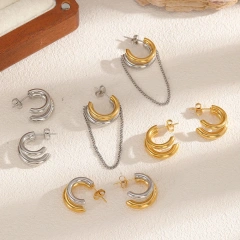 Geometric Two Tones Layer C Shaped Stud Earrings Chain Pendant Earrings 18K Gold Plated Stainless Steel Waterproof YF8015