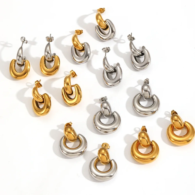 Fashion Geometric Circle Semi Circle Pendant Earrings 18K Gold Plated Stainless Steel Waterproof Earrings for Gift YF8013