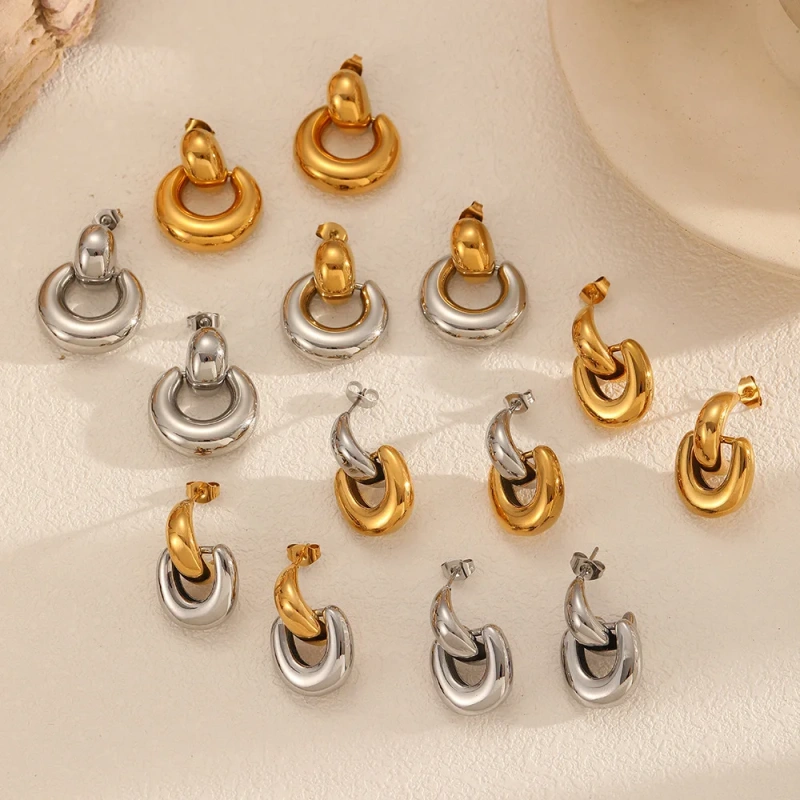 Fashion Geometric Circle Semi Circle Pendant Earrings 18K Gold Plated Stainless Steel Waterproof Earrings for Gift YF8013