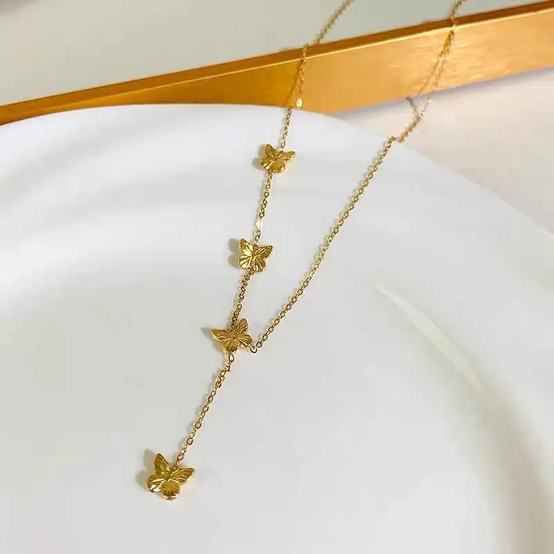 Versatile Butterfly Tassel Necklace Womens 18K Gold Plated Waterproof Stainless Steel Collarbone Chain for Gifts YF8024