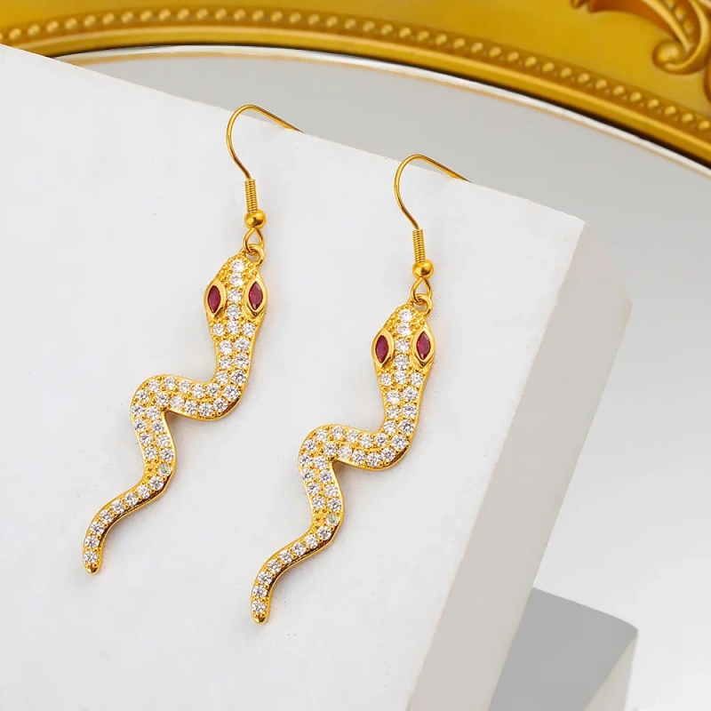Luxury Jewelry Waterproof Tarnish Free 18K Gold Plated Stainless Steel Zircon Snake Shape Drop Earrings YF8003