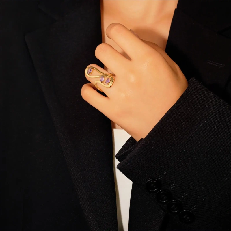 New Vintage Purple Zircon Wave Ring 18k Gold Plated Waterproof Stainless Steel Jewelry for Women YF8039