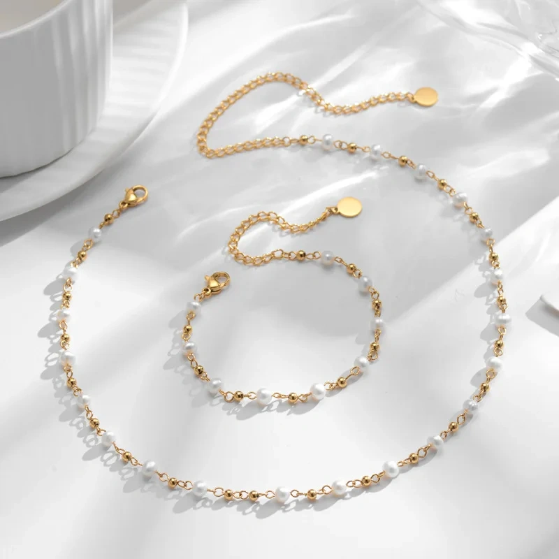 Natural Freshwater Pearl Handmade Necklace Bracelet Jewelry Set 18k Gold Plated Waterproof Stainless Steel  Jewelry Set YF8057