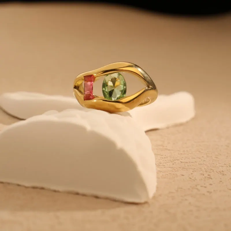 Special Irregular Ring Colored Zircon 18k Gold Plated Waterproof Stainless Steel Ring for Gifts YF8040
