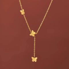 Versatile Butterfly Tassel Necklace Womens 18K Gold Plated Waterproof Stainless Steel Collarbone Chain for Gifts YF8024