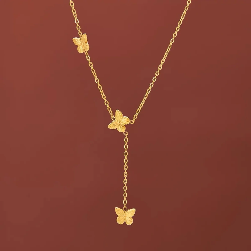 Versatile Butterfly Tassel Necklace Womens 18K Gold Plated Waterproof Stainless Steel Collarbone Chain for Gifts YF8024