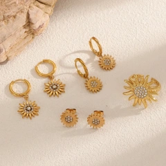 Elegant Zircon Stud Earrings Ring Womems Jewelry Set 18k Gold Plated Stainless Steel  Star Sun Earrings for Party YF8017