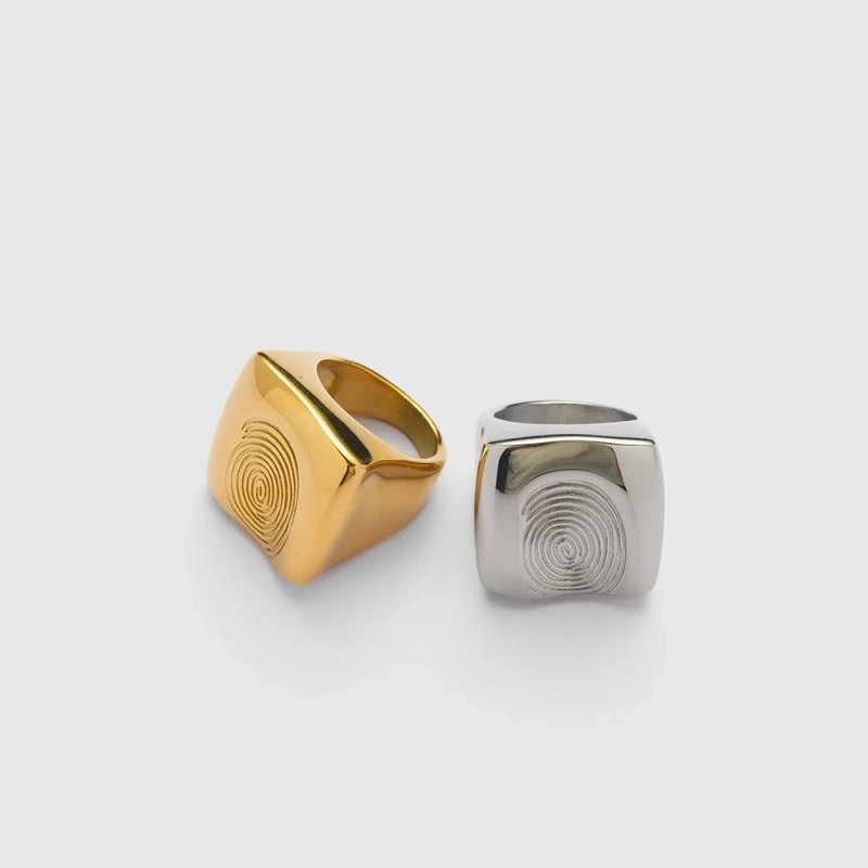 Personalized Waterproof Exaggerated Chunky Ring Stainless Steel 18K Gold Plated Non Tarnish Fingerprint Signet Rings YF4115