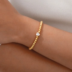 Ins Simple Plain Bead Heart Zircon Bracelet 18K Gold Plated Waterproof Stainless Steel YF8163