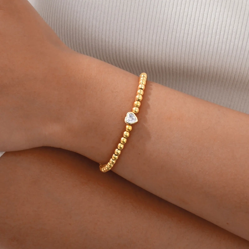 Ins Simple Plain Bead Heart Zircon Bracelet 18K Gold Plated Waterproof Stainless Steel YF8163