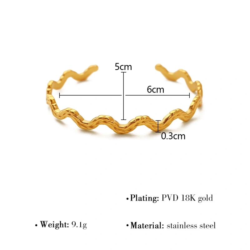Niche Wave Fine Plain Ring Opening Bracelet Metal Texture Bracelet 18K Gold Plated Waterproof Stainless Steel YF8191