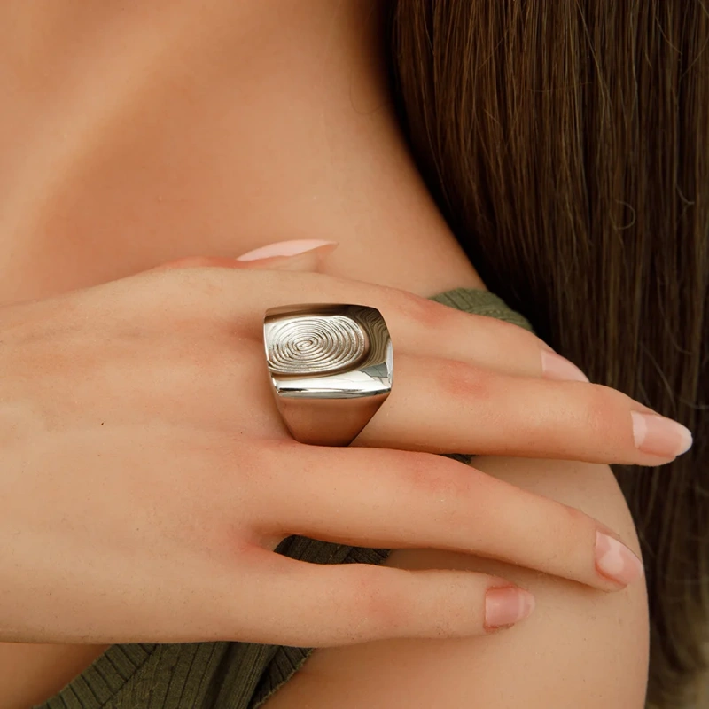 Personalized Waterproof Exaggerated Chunky Ring Stainless Steel 18K Gold Plated Non Tarnish Fingerprint Signet Rings YF4115