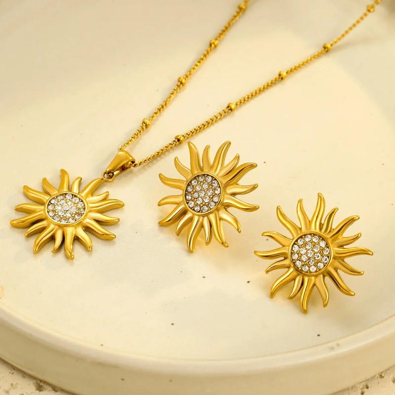 Stainless Steel Waterproof Jewelry Set 18k Gold Plated Sunflower Zircon Pendant Necklace Hypoallergenic Earrings YF6105