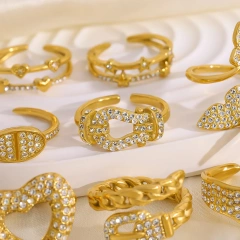 Classic Explosive Geometric Zircon Ring Heart Butterfly Gold Layered 18K Gold Plated Waterproof Stainless Steel YF8180