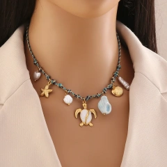 New Bohemian Style Woven Link Chain Stainless Steel 18k Gold Plated Ocean Style Sea Star Conch Multi Pendant Necklace YF6511
