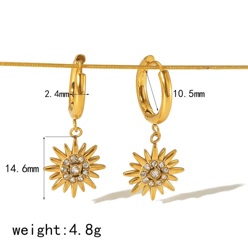 Elegant Zircon Stud Earrings Ring Womems Jewelry Set 18k Gold Plated Stainless Steel  Star Sun Earrings for Party YF8017