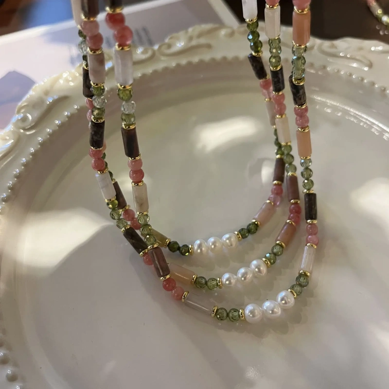 Summer New Stainless Steel 18k Gold Plated Freshwater Baroque Pearl Green Zircon Natural Stone Necklace Yf6384