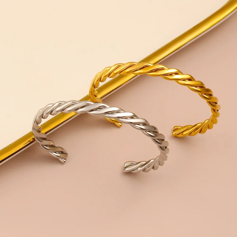Niche High End C Shaped Opening Bracelet 6mm Twist Bracelet 18K Gold Plated Waterproof Stainless Steel YF8212