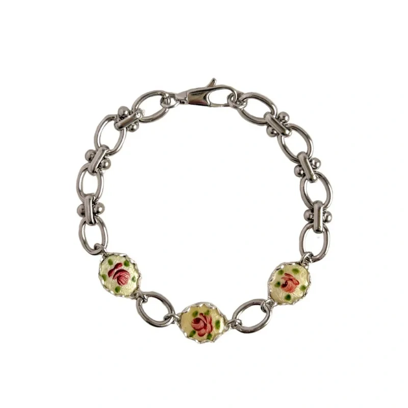 Temperament Vintage Oil Painting Style Floral Pendant Versatile Bracelet 18K Gold Plated Waterproof Stainless Steel YF8192