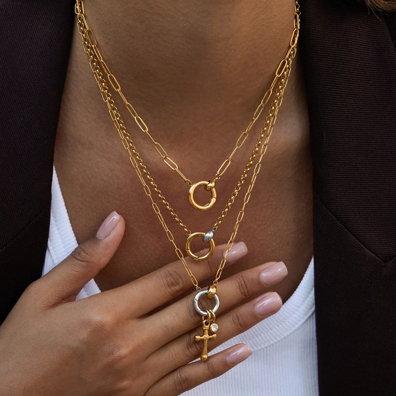 Stainless Steel 18k Gold Plated Waterproof DIY Chain Two Tone Double Circle Heart Cross Pendant Hypoallergenic Necklace YF6630