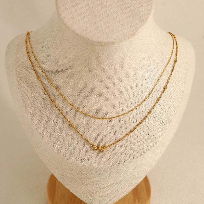 New Design Olive Leaf Pendant Double Diamond Light Luxury Clavicle Chain 18K Gold Plated Waterproof Stainless Steel YF8185