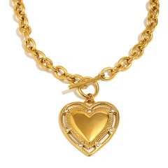 18K Gold Plated Stainless Steel Waterproof Heart Pendant Necklace Toggle Buckle Romantic Womens Gift Jewelry YF8002