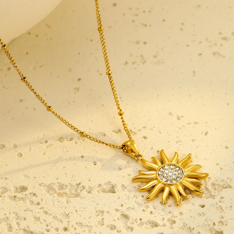Stainless Steel Waterproof Jewelry Set 18k Gold Plated Sunflower Zircon Pendant Necklace Hypoallergenic Earrings YF6105