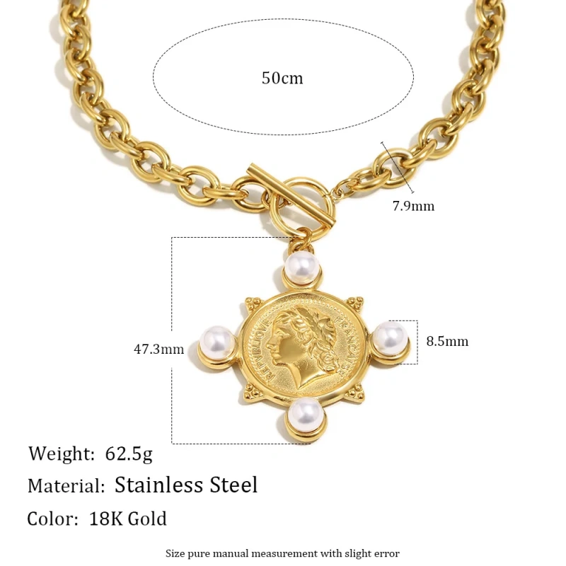 18K Gold Plated Waterproof Stainless Steel Coin Pendant Necklace Pearl Embellishment Engraved Queen Portrait Jewelry YF8001
