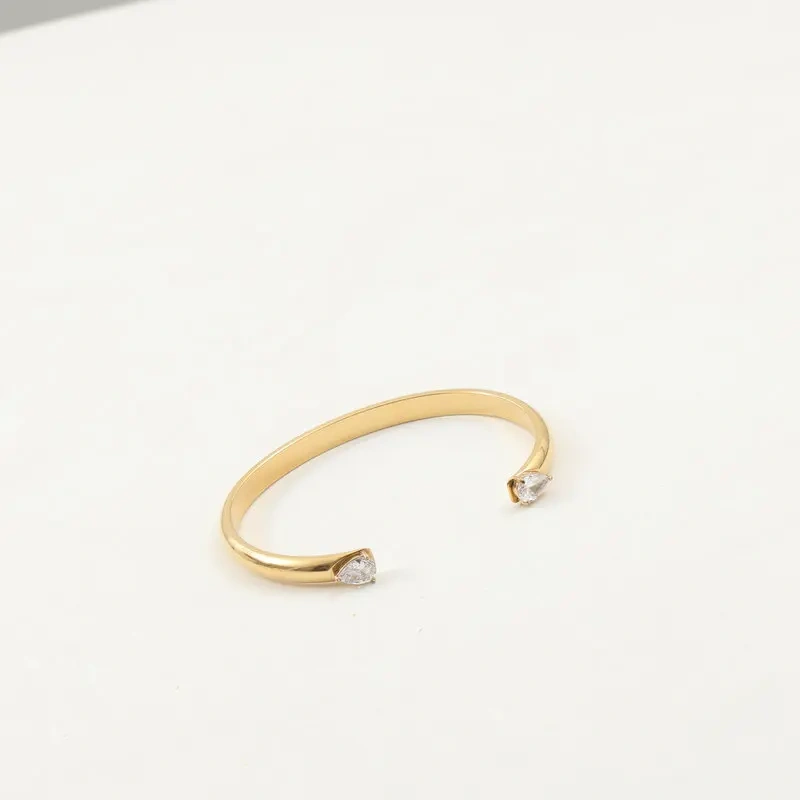 Premium Minimalist Opening Bracelet with Two Water Drops Zircon 18K Gold Plated Waterproof Stainless Steel YF8221